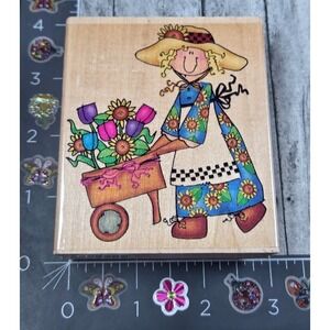 Embossing Arts Happy Hannah Flower Cart 1221J 1999 Rubber Stamp Wood #V13